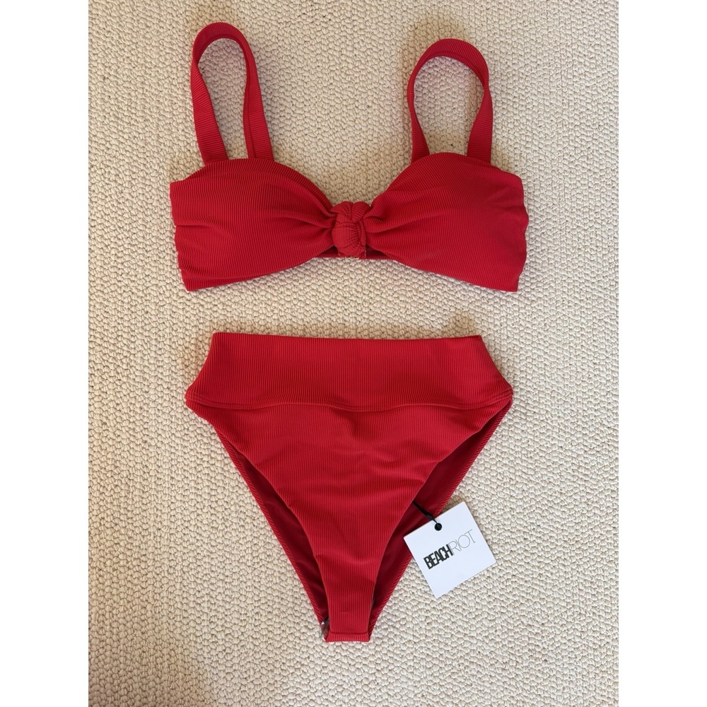 Beach Riot Sophia Ribbed Bikini Set Red High Waisted Knot Front Size M - Picture 2 of 10